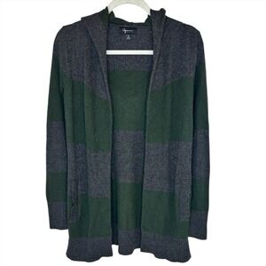 AQUA Cashmere‎ Cardigan Sweater Hoodie XS Green Gray Stripes Open Front Luxury